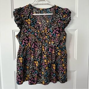 Floral Patterned Flutter Sleeve Top